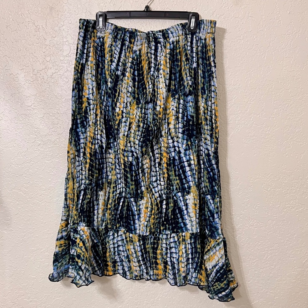 Ashro Womens XL 2 Piece Skirt Set Blue Yellow Abstract Ruffle Top Midi Skirt - Picture 9 of 11